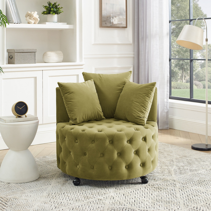 Velvet Upholstered Swivel Chair for Living Room, with Button Tufted Design and Movable Wheels, Including 3 Pillows, Khaki Green