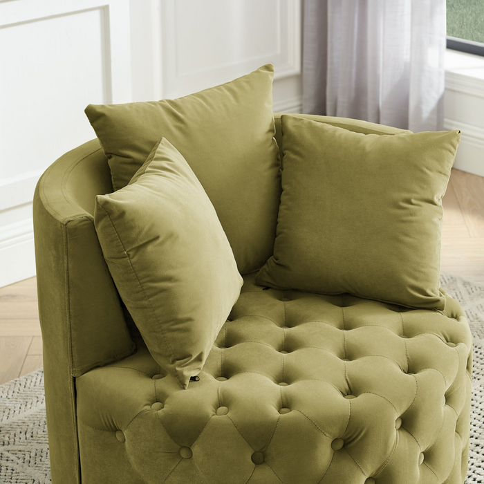 Velvet Upholstered Swivel Chair for Living Room, with Button Tufted Design and Movable Wheels, Including 3 Pillows, Khaki Green