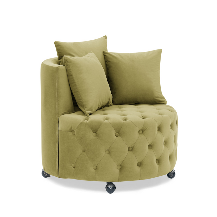 Velvet Upholstered Swivel Chair for Living Room, with Button Tufted Design and Movable Wheels, Including 3 Pillows, Khaki Green