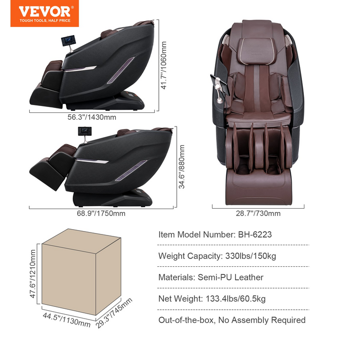 VEVOR Massage Chair with Flexible SL-Track, Full Body Zero Gravity Recliner, 10-18 Auto Modes, 3D Shiatsu, Heating, Bluetooth Speaker, Airbag, Foot Roller, and Touch Screen